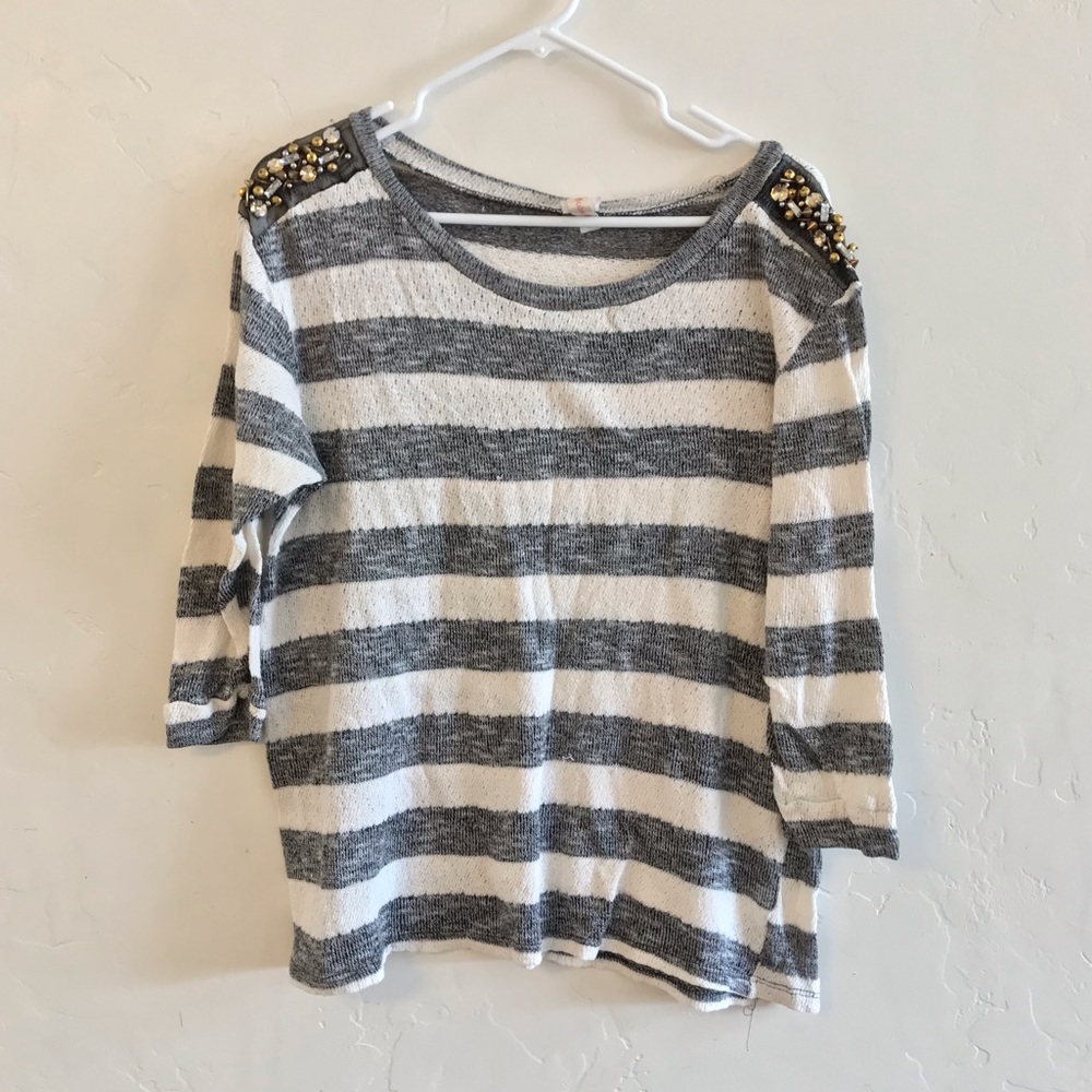 Bubble B Gray & White Striped Knit Embellished Top